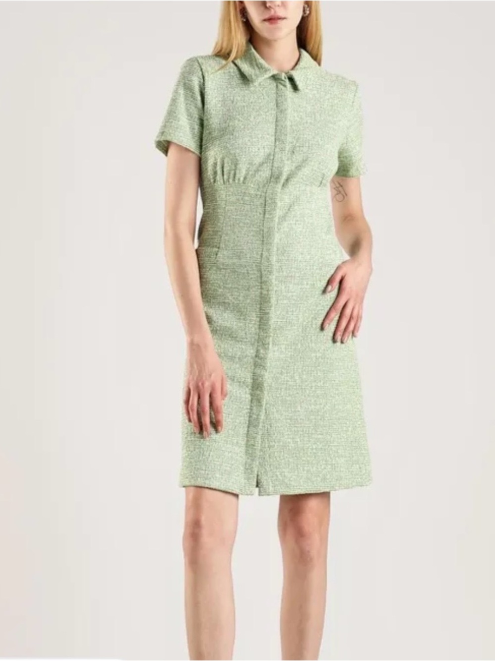 Calvin Klein Green/White Tweed Collared Shirt Dress Button Short Sleeve 6